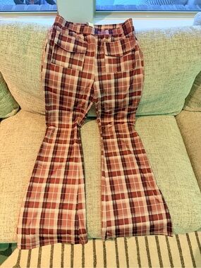 Plaid Flared Athletic Pants in Burgundy and Cream